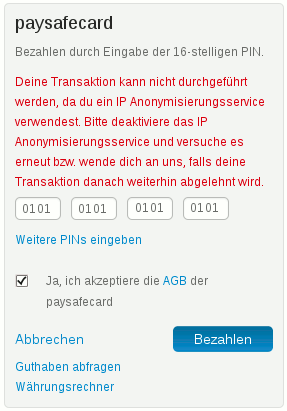 paysafecard Fehlermeldung